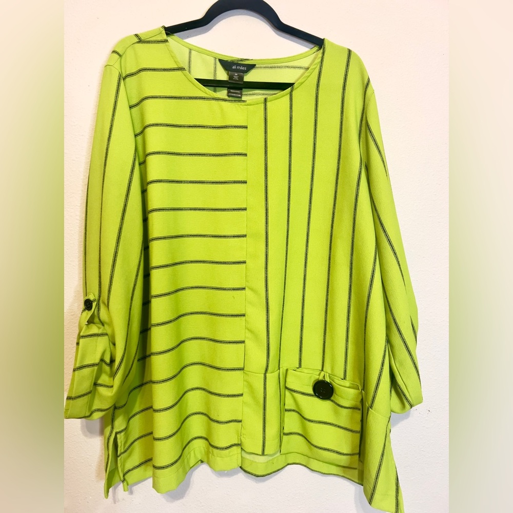 Ali Miles Lime Green Striped Tunic Blouse